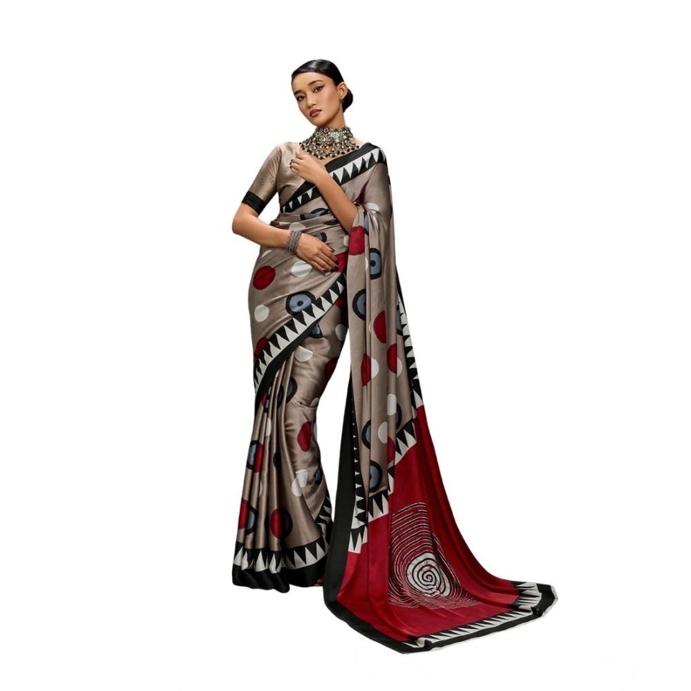 Women's Satin Crepe Printed Saree With Unstitched Blouse 5.5Mtr (Grey)