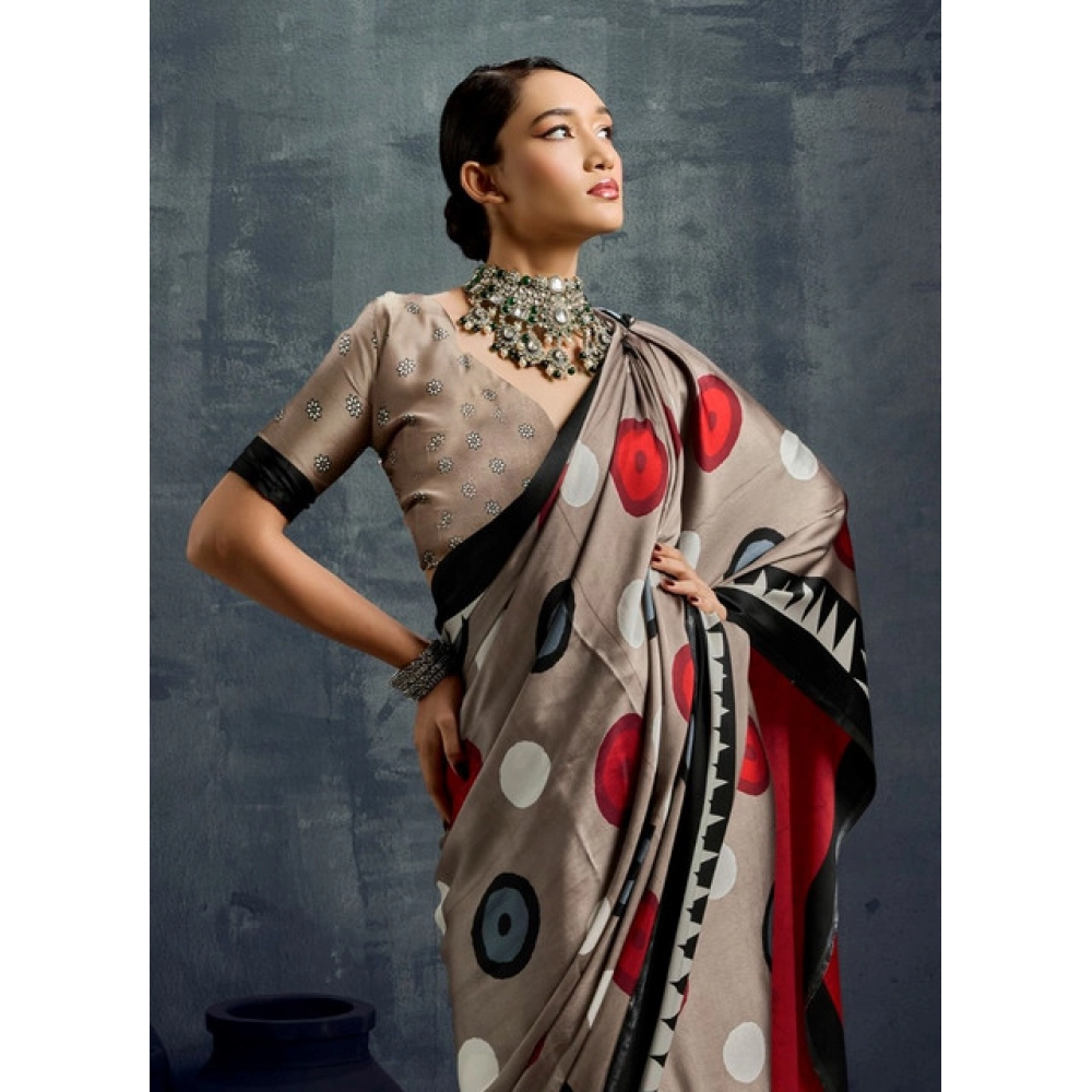 Women's Satin Crepe Printed Saree With Unstitched Blouse 5.5Mtr (Grey) - Image 3