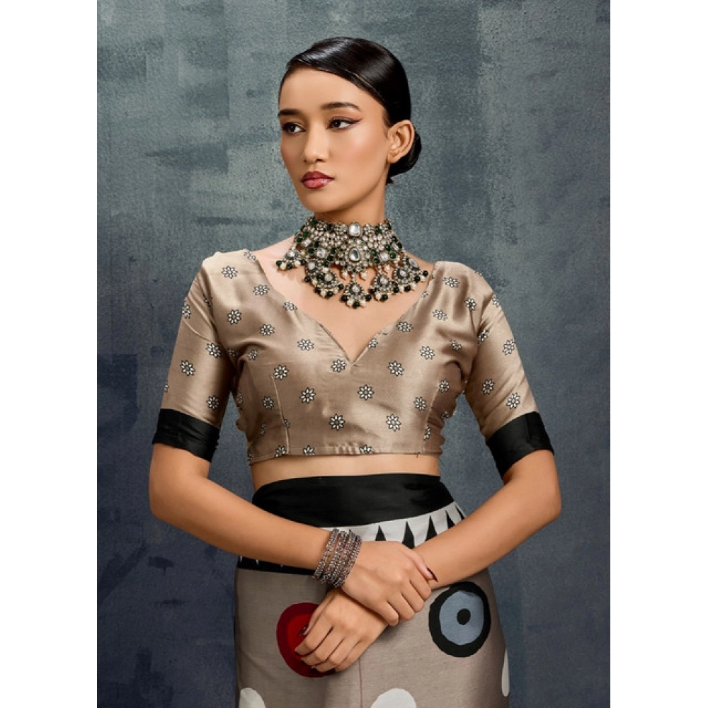 Women's Satin Crepe Printed Saree With Unstitched Blouse 5.5Mtr (Grey) - Image 2