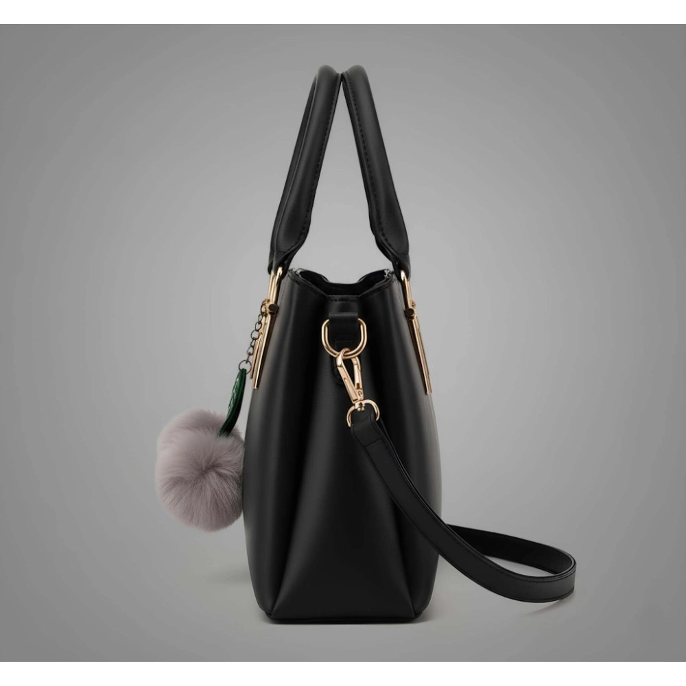 Women's PU Leather Solid Shoulder Zipper Handbag (Black) - Image 4