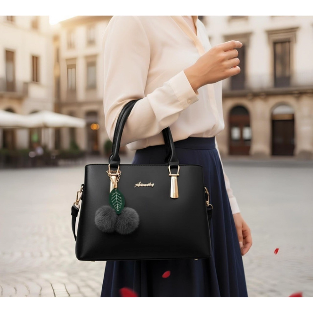 Women's PU Leather Solid Shoulder Zipper Handbag (Black) - Image 2