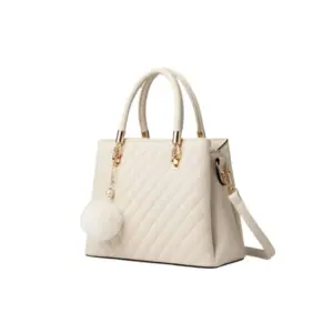 Women's PU Leather Solid Shoulder Zipper Handbag (Cream)