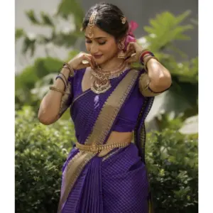 Women's Banarasi Silk Printed Saree With Unstitched Blouse 5.5Mtr (Purple)