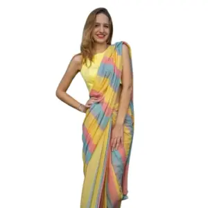 Women's Linen Printed Saree With Unstitched Blouse 5.5Mtr (Multicolor)