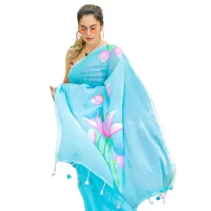 Women's Linen Printed Saree With Unstitched Blouse 5.5Mtr (light Blue)