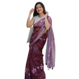 Women's Linen Printed Saree With Unstitched Blouse 5.5Mtr (Brown)