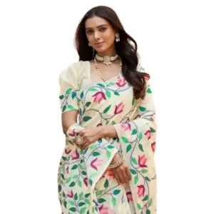 Women's Georgette Printed Saree With Unstitched Blouse 5.5Mtr (Cream)