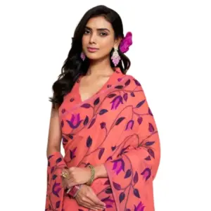 Women's Georgette Printed Saree With Unstitched Blouse 5.5Mtr (Peach)