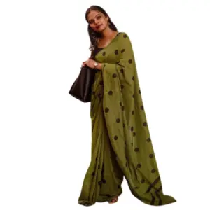 Women's Linen Printed Saree With Unstitched Blouse 5.5Mtr (Green)