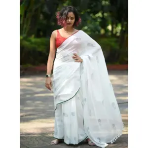 Women's Linen Printed Saree With Unstitched Blouse 5.5Mtr (White)