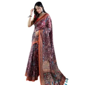 Women's Linen Printed Saree With Unstitched Blouse 5.5Mtr (Brown)