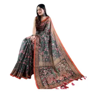 Women's Linen Printed Saree With Unstitched Blouse 5.5Mtr (Green)