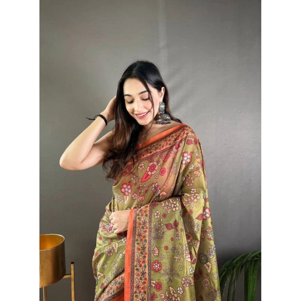 Women's Linen Printed Saree With Unstitched Blouse 5.5Mtr (Sea Green) - Image 2