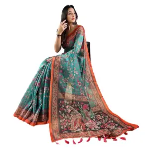 Women's Linen Printed Saree With Unstitched Blouse 5.5Mtr (Olive)