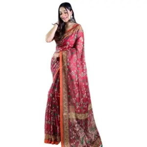 Women's Linen Printed Saree With Unstitched Blouse 5.5Mtr (Red)
