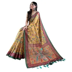 Women's Linen Printed Saree With Unstitched Blouse 5.5Mtr (Yellow)