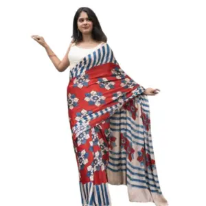 Women's Linen Printed Saree With Unstitched Blouse 5.5Mtr (Red)