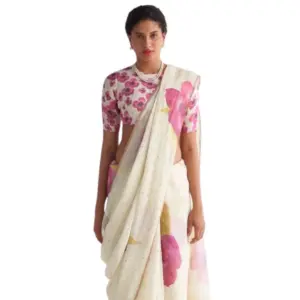 Women's Linen Printed Saree With Unstitched Blouse 5.5Mtr (White)