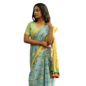 Women's Linen Printed Saree With Unstitched Blouse 5.5Mtr (Blue)