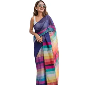 Women's Linen Printed Saree With Unstitched Blouse 5.5Mtr (Navy)