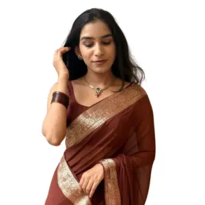 Women's Vichitra Silk Printed Saree With Unstitched Blouse 5.5Mtr (Brown)