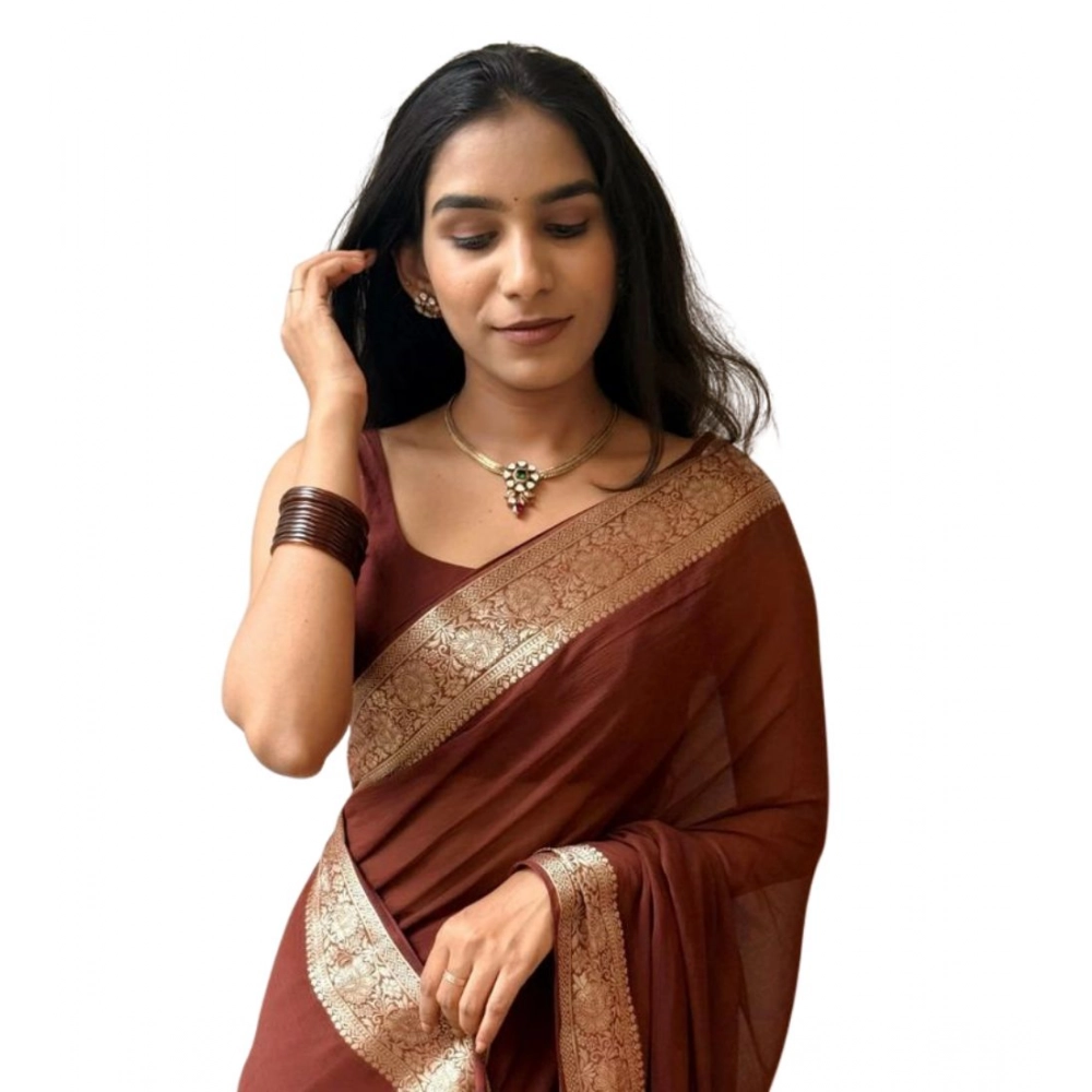 Women's Vichitra Silk Printed Saree With Unstitched Blouse 5.5Mtr (Brown)