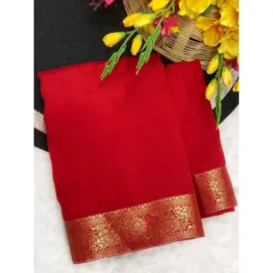 Women's Vichitra Silk Printed Saree With Unstitched Blouse 5.5Mtr (Red)