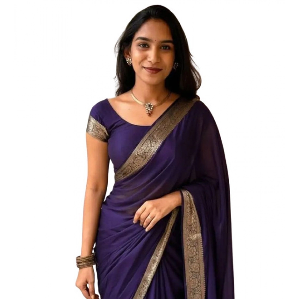 Women's Vichitra Silk Printed Saree With Unstitched Blouse 5.5Mtr (Purple)