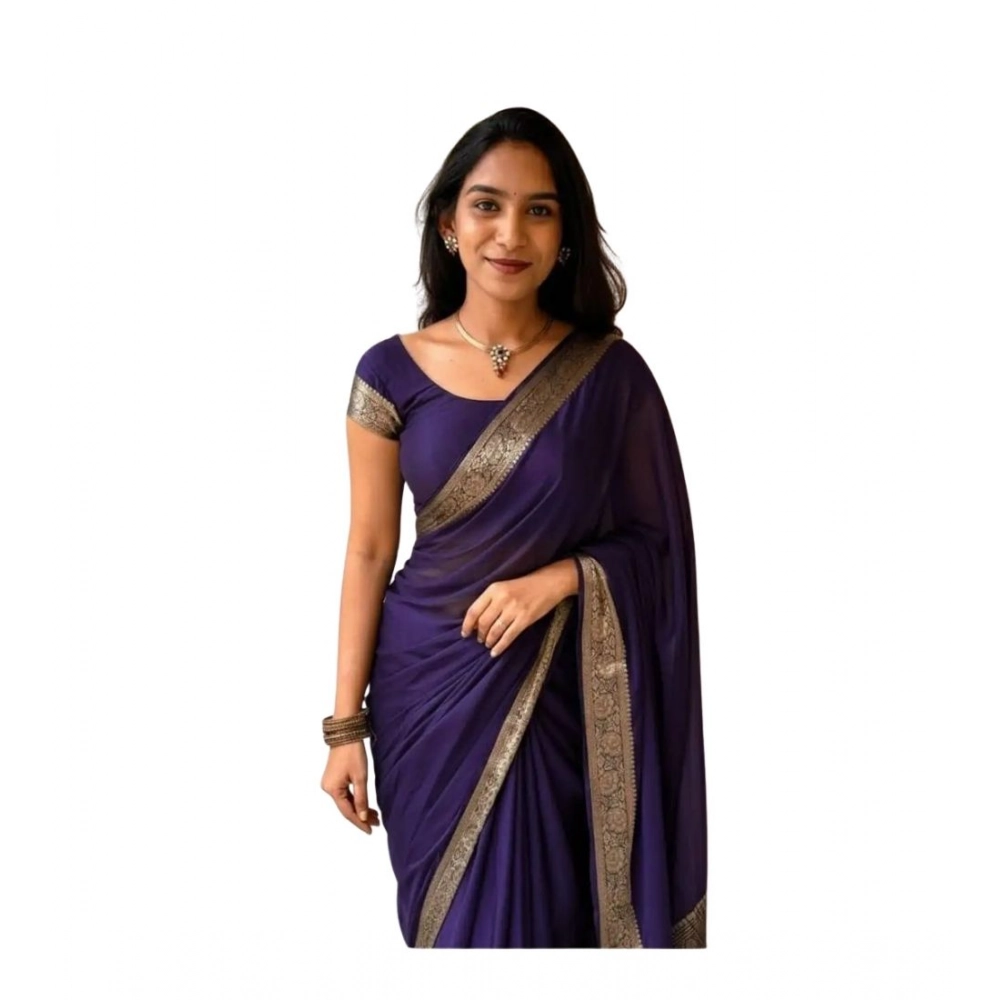 Women's Vichitra Silk Printed Saree With Unstitched Blouse 5.5Mtr (Purple) - Image 2