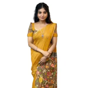 Women's Linen Printed Saree With Unstitched Blouse 5.5Mtr (Mustard)