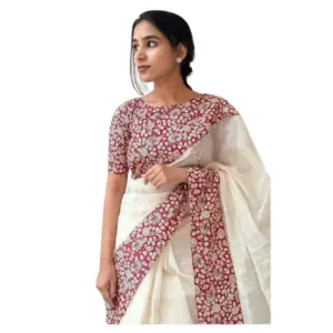 Women's Linen Printed Saree With Unstitched Blouse 5.5Mtr (White)