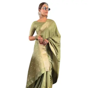 Women's Satin Printed Saree With Unstitched Blouse 5.5Mtr (Green)