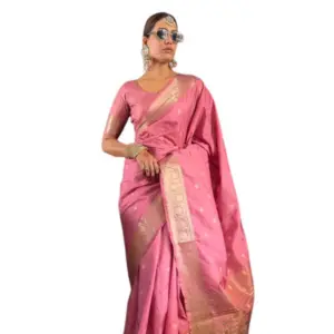 Women's Satin Printed Saree With Unstitched Blouse 5.5Mtr (Pink)