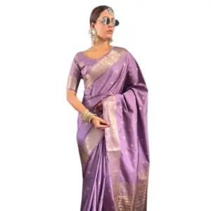Women's Satin Printed Saree With Unstitched Blouse 5.5Mtr (Purple)