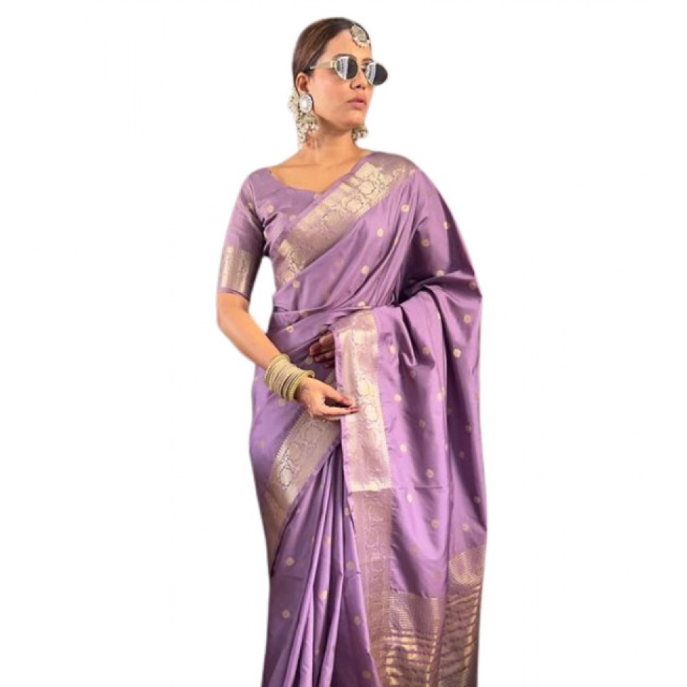 Women's Satin Printed Saree With Unstitched Blouse 5.5Mtr (Purple)