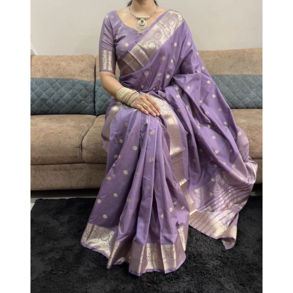 Women's Satin Printed Saree With Unstitched Blouse 5.5Mtr (Purple) - Image 4