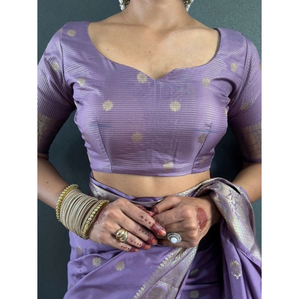 Women's Satin Printed Saree With Unstitched Blouse 5.5Mtr (Purple) - Image 3