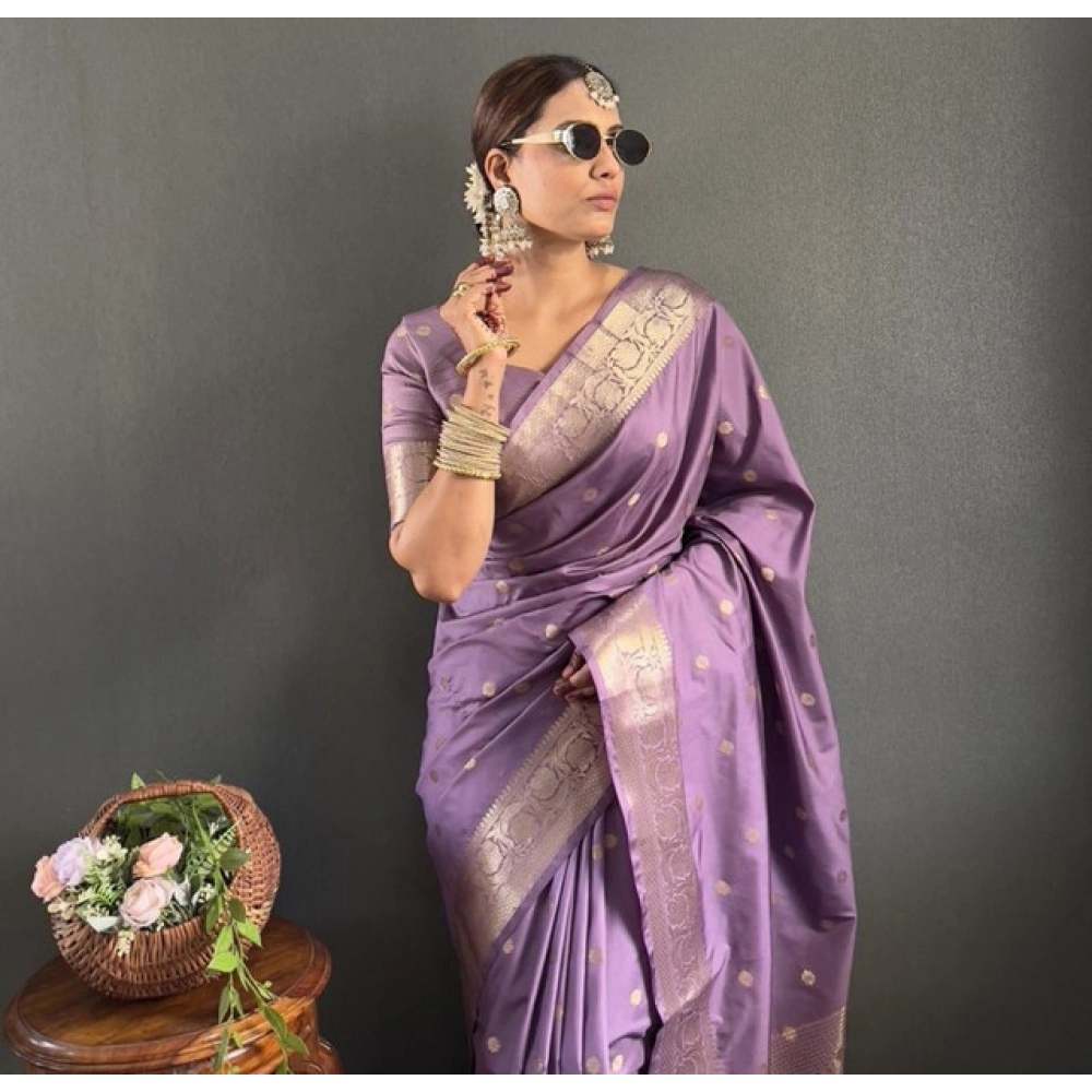 Women's Satin Printed Saree With Unstitched Blouse 5.5Mtr (Purple) - Image 2