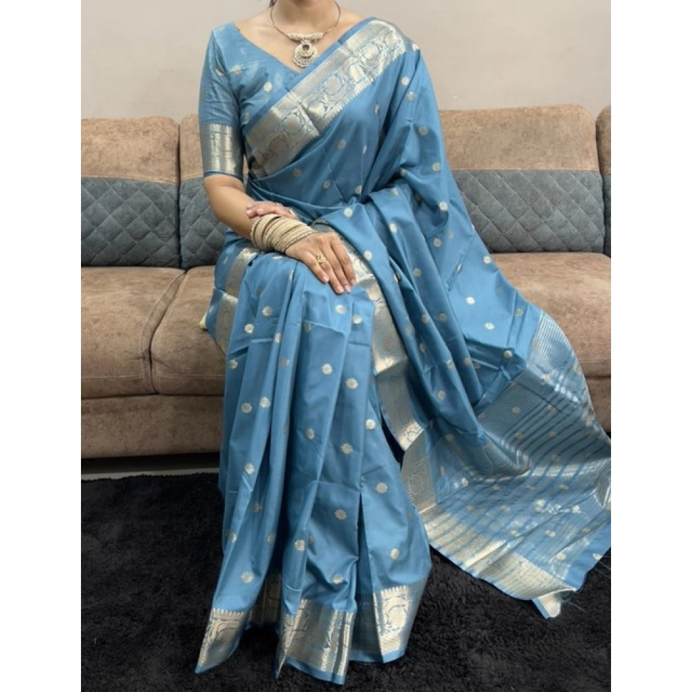 Women's Satin Printed Saree With Unstitched Blouse 5.5Mtr (light Blue) - Image 3