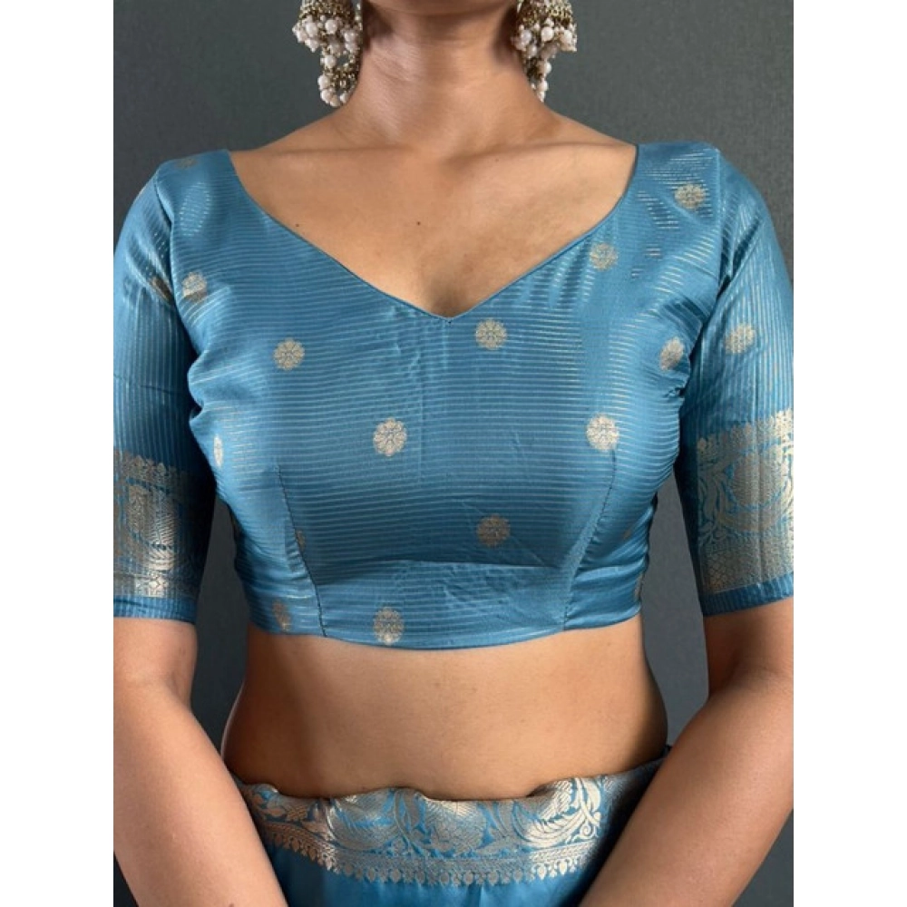 Women's Satin Printed Saree With Unstitched Blouse 5.5Mtr (light Blue) - Image 4