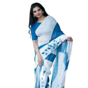 Women's Linen Printed Saree With Unstitched Blouse 5.5Mtr (White)