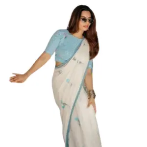 Women's Linen Printed Saree With Unstitched Blouse 5.5Mtr (White)