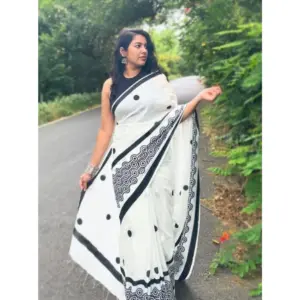 Women's Linen Printed Saree With Unstitched Blouse 5.5Mtr (White)