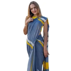 Women's Linen Printed Saree With Unstitched Blouse 5.5Mtr (Blue)