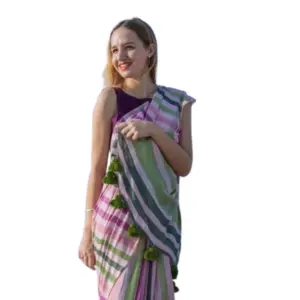 Women's Linen Printed Saree With Unstitched Blouse 5.5Mtr (Pink)