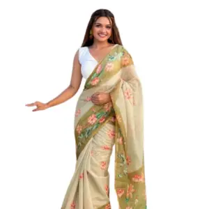 Women's Linen Printed Saree With Unstitched Blouse 5.5Mtr (Mahendi)