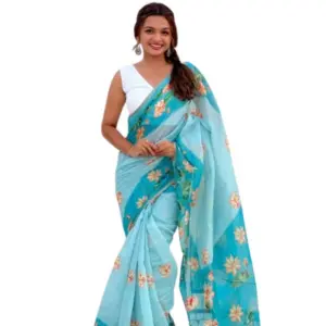 Women's Linen Printed Saree With Unstitched Blouse 5.5Mtr (Aqua)