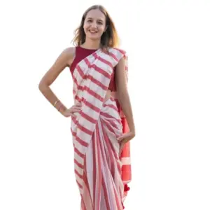Women's Linen Printed Saree With Unstitched Blouse 5.5Mtr (Red)