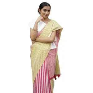 Women's Linen Printed Saree With Unstitched Blouse 5.5Mtr (Yellow)