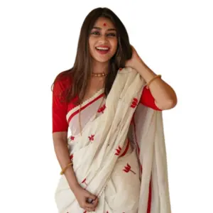Women's Linen Printed Saree With Unstitched Blouse 5.5Mtr (White)